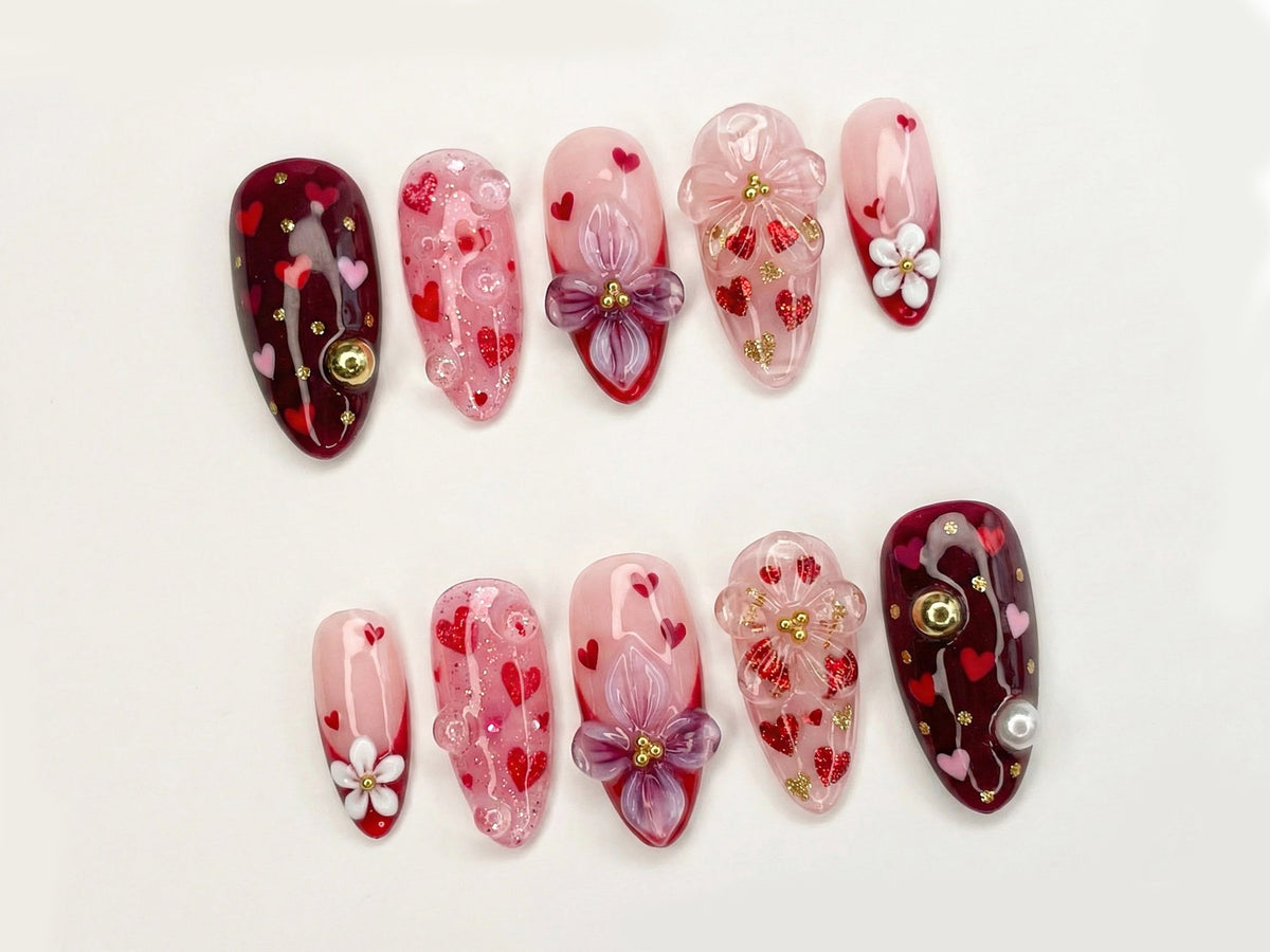 Sweetheart Bloom Press On Nails Valentine Heart Nails Pink Red Romantic Nails 3D Flower Press On Nails Handmade Love Nail Art