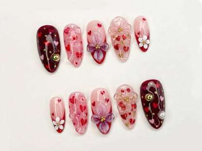 Sweetheart Bloom Press On Nails Valentine Heart Nails Pink Red Romantic Nails 3D Flower Press On Nails Handmade Love Nail Art