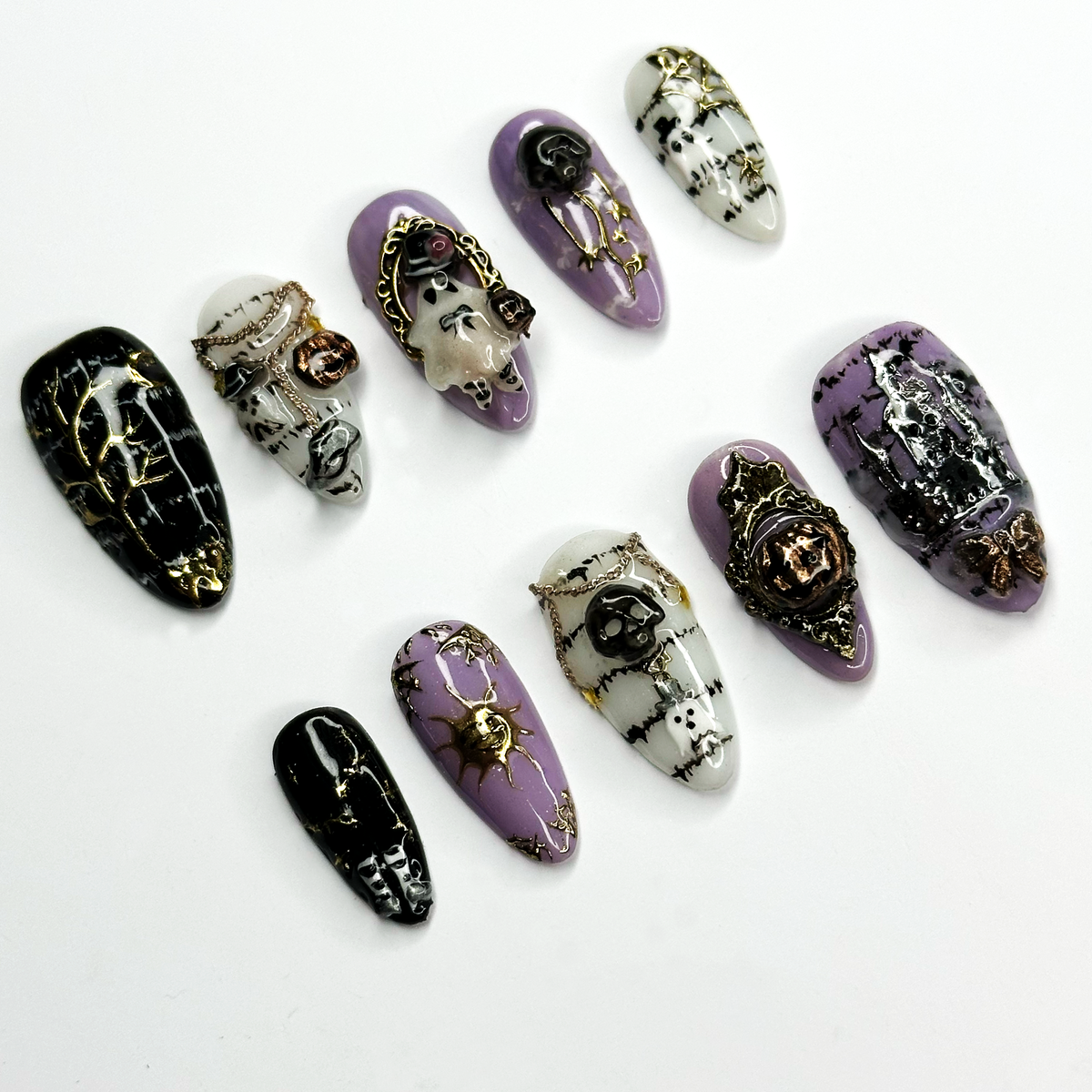 Gothic Halloween Press On Nails with 3D Charms, Purple Black Skull Ghost Fake Nails