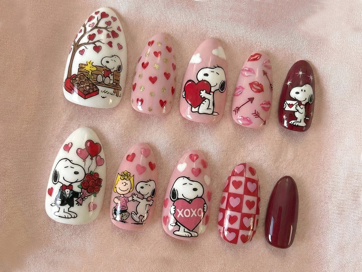 Snoopy Love Story Press On Nails Valentine Cartoon Nails Pink Heart Nail Art Cute Snoopy & Peanuts Design Handmade Press Ons