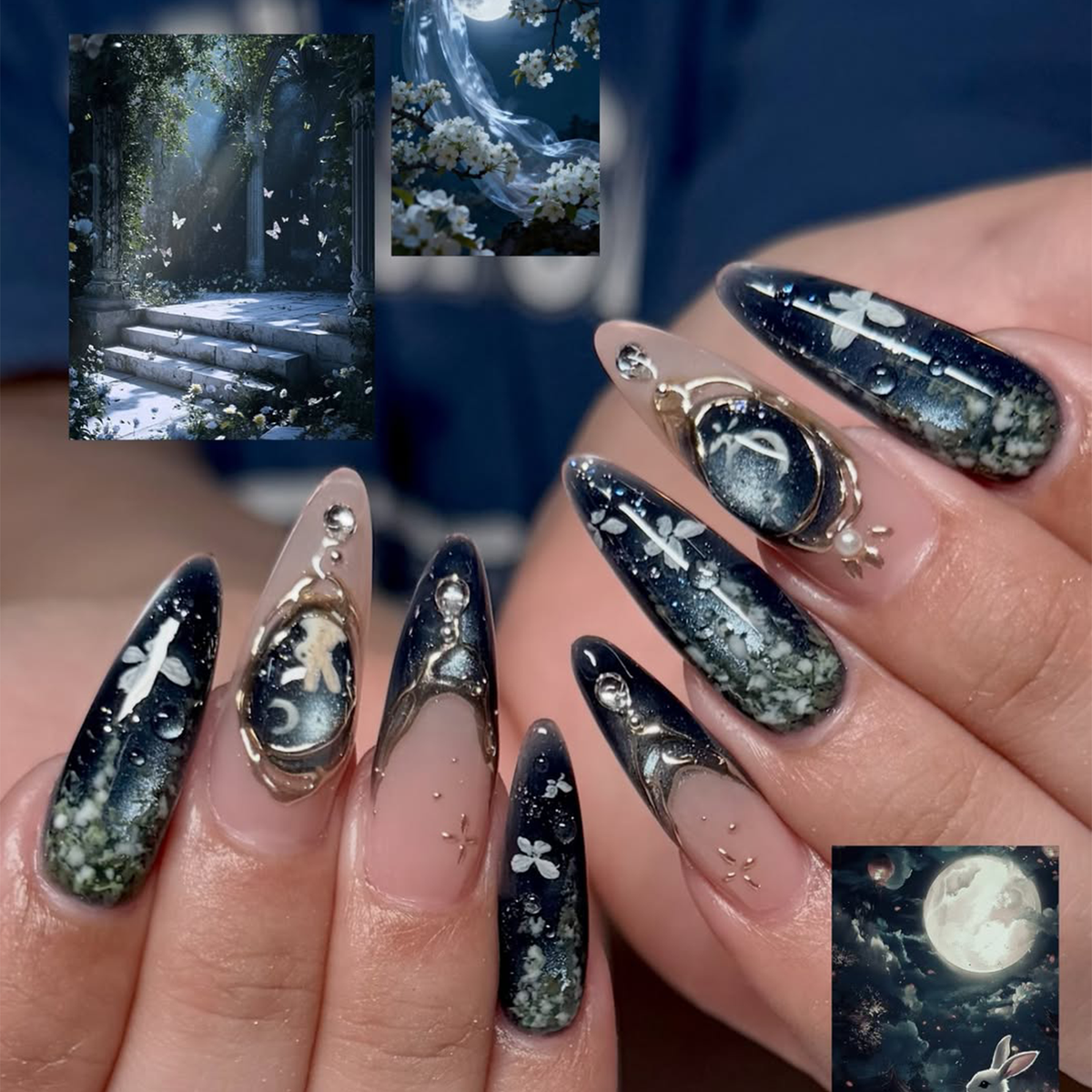 Celestial Press On Nails • Butterfly Gift for Her • Navy Blue Moon Butterfly Gold Frame