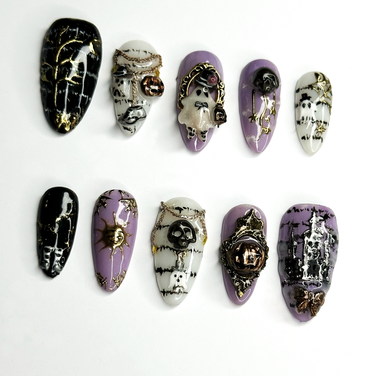 Gothic Halloween Press On Nails with 3D Charms, Purple Black Skull Ghost Fake Nails