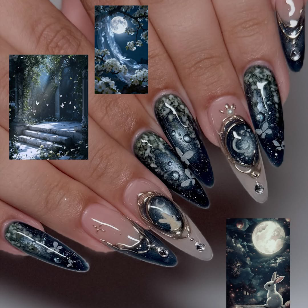 Celestial Press On Nails • Butterfly Gift for Her • Navy Blue Moon Butterfly Gold Frame