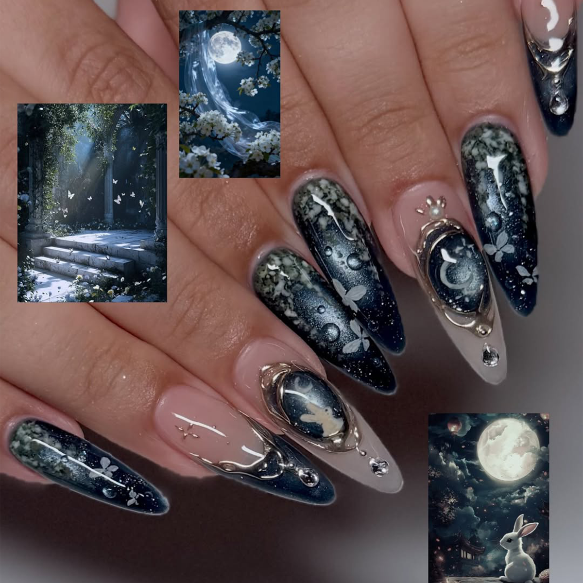 Celestial Press On Nails • Butterfly Gift for Her • Navy Blue Moon Butterfly Gold Frame