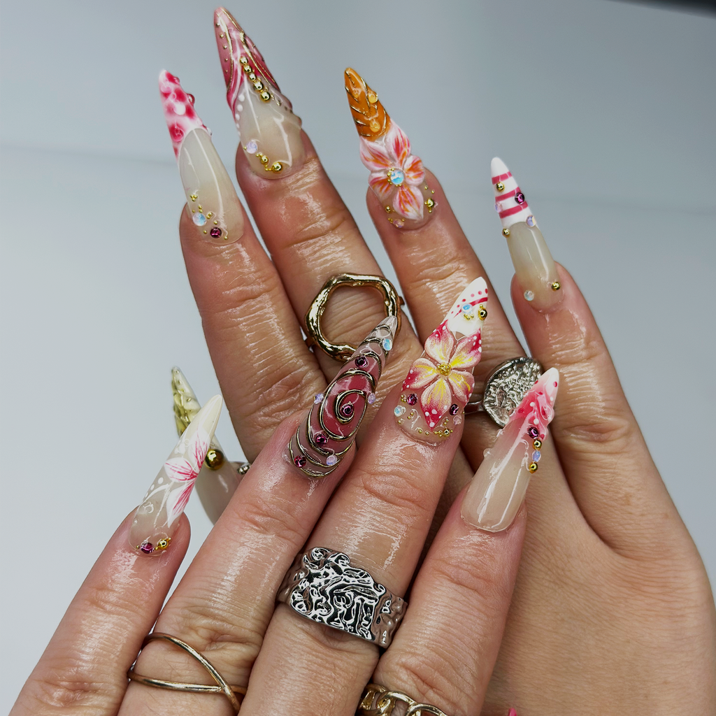 Summer 3D Press On Nails, Luxury Tropical Stiletto Nails, Premium Beach Vacation