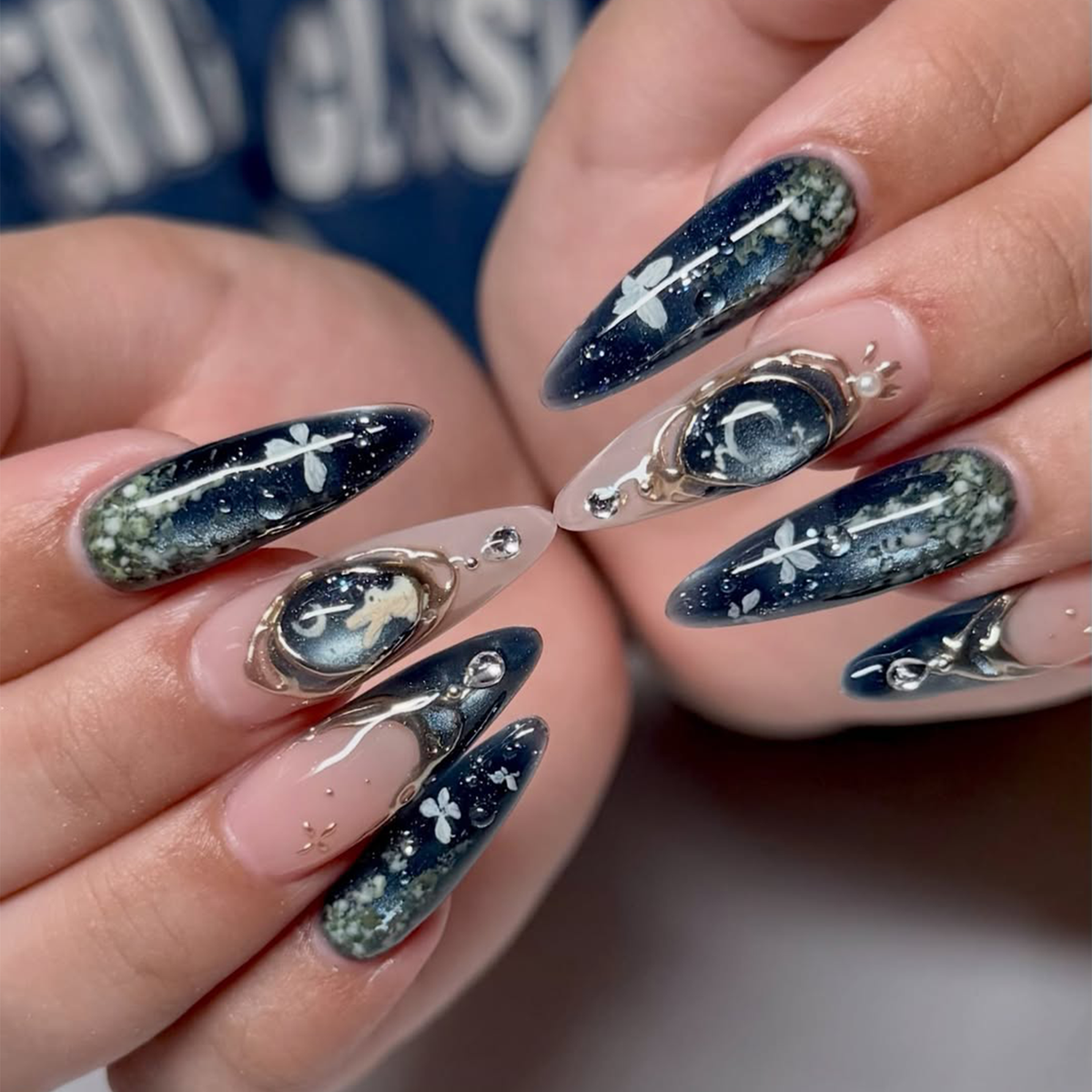 Celestial Press On Nails • Butterfly Gift for Her • Navy Blue Moon Butterfly Gold Frame