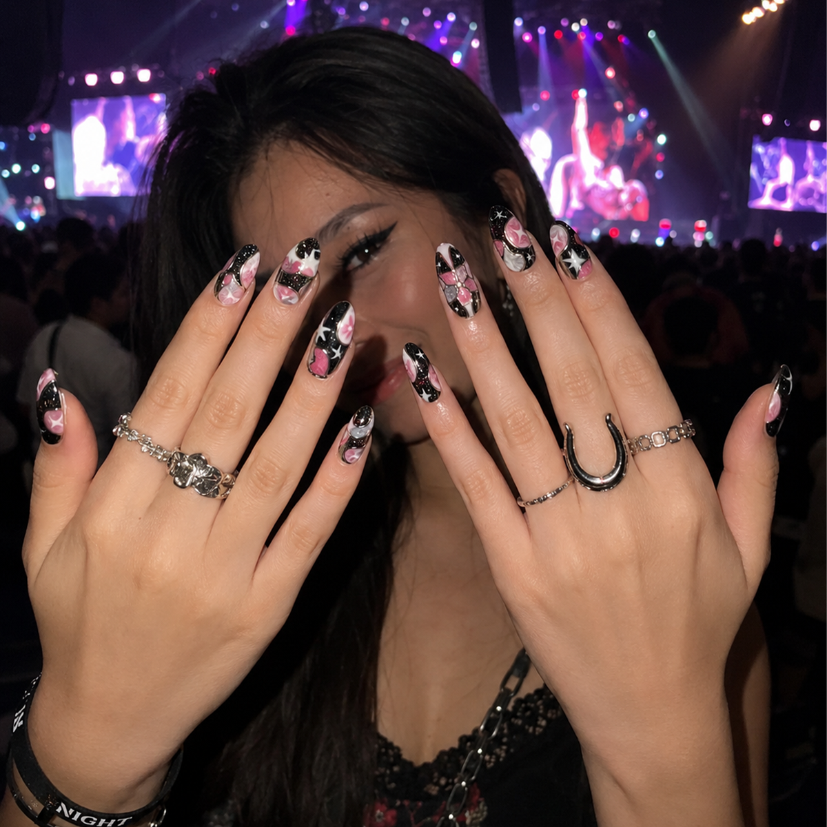 Celestial Press On Nails Almond • Birthday Gift for Her • Pink Black 3D Star Moon Galaxy