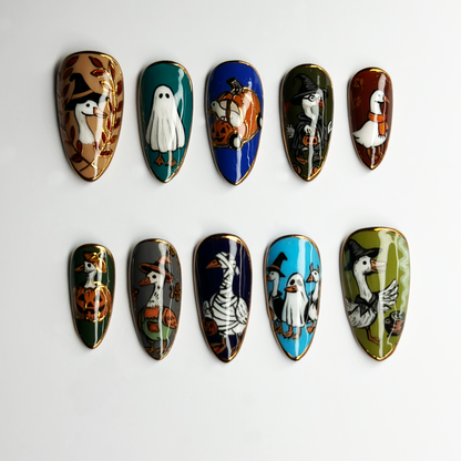 Cute Halloween Goose Press On Nails, Ghost Witch Pumpkin Nails, Funny Spooky Nails, Hand