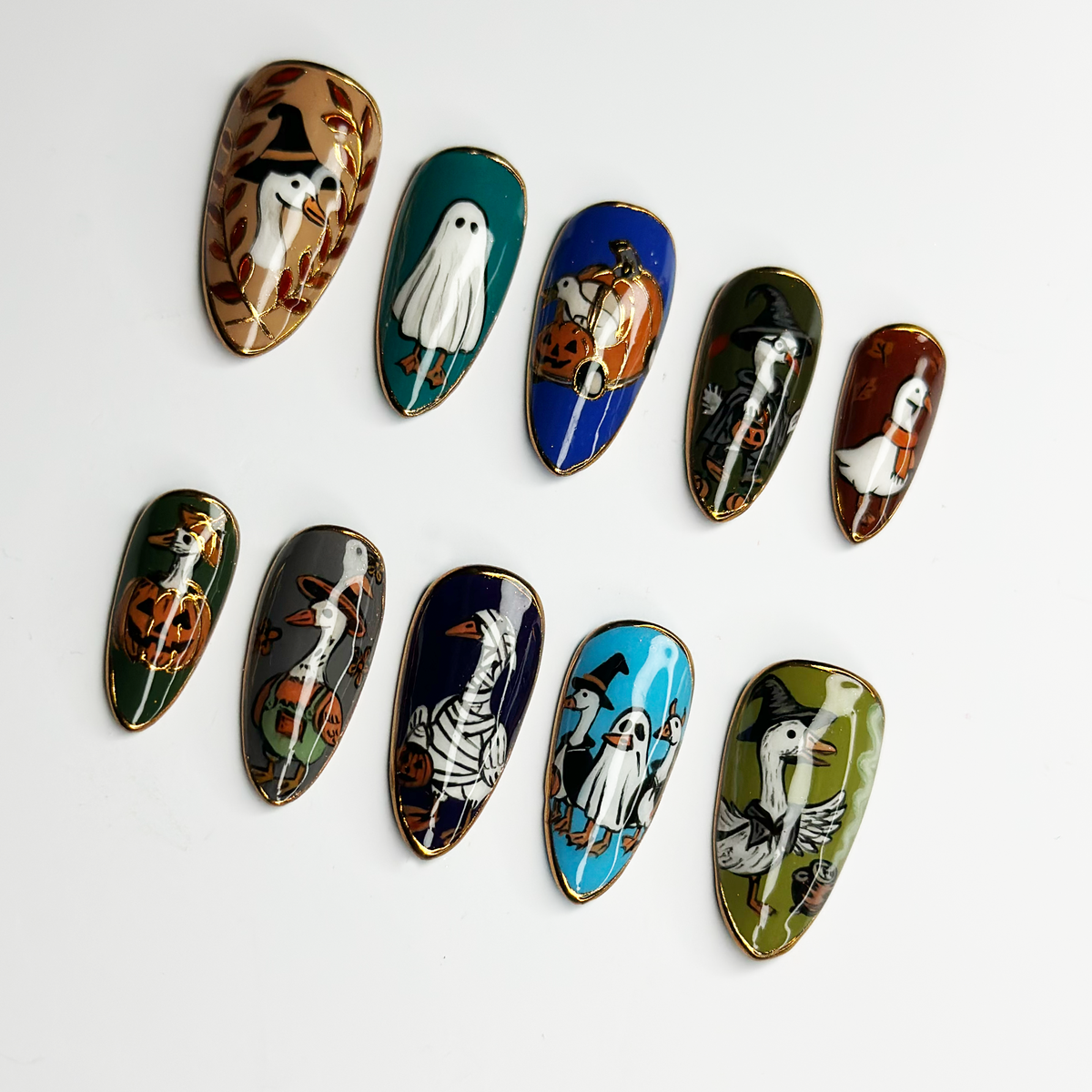 Cute Halloween Goose Press On Nails, Ghost Witch Pumpkin Nails, Funny Spooky Nails, Hand