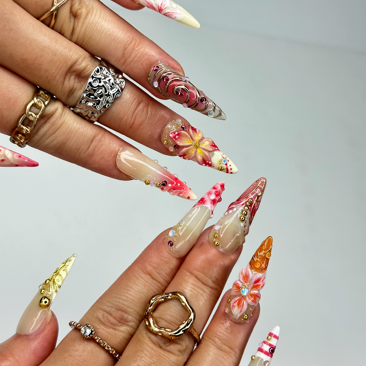 Summer 3D Press On Nails, Luxury Tropical Stiletto Nails, Premium Beach Vacation