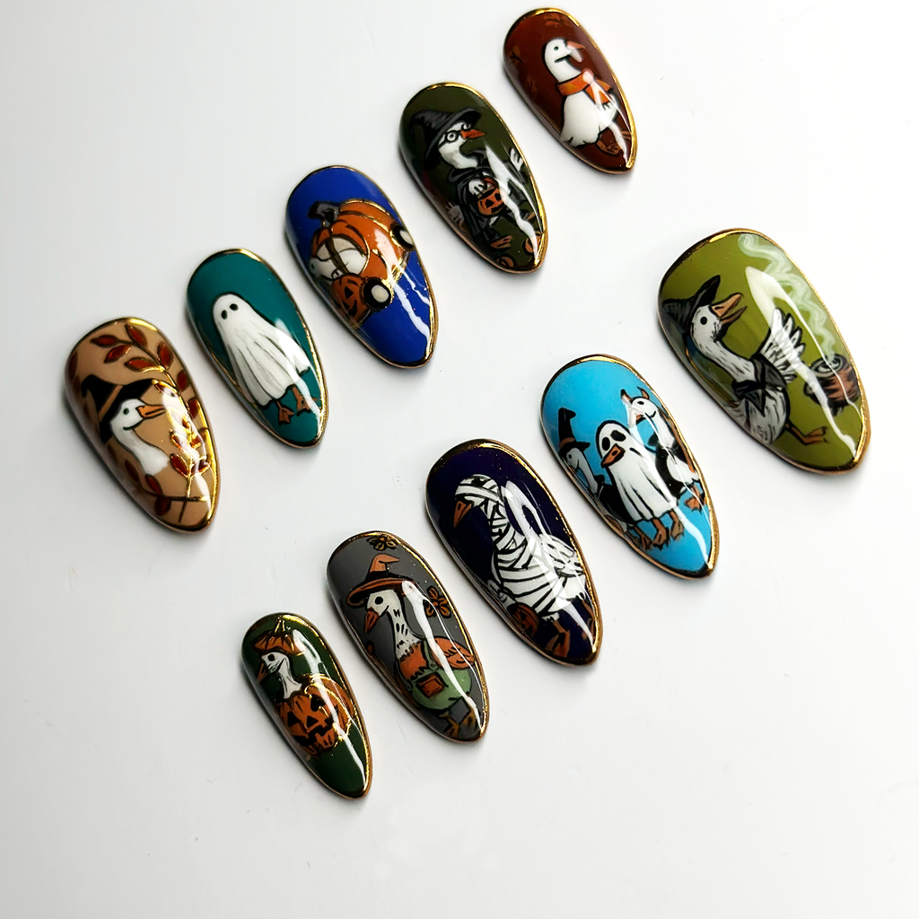 Cute Halloween Goose Press On Nails, Ghost Witch Pumpkin Nails, Funny Spooky Nails, Hand