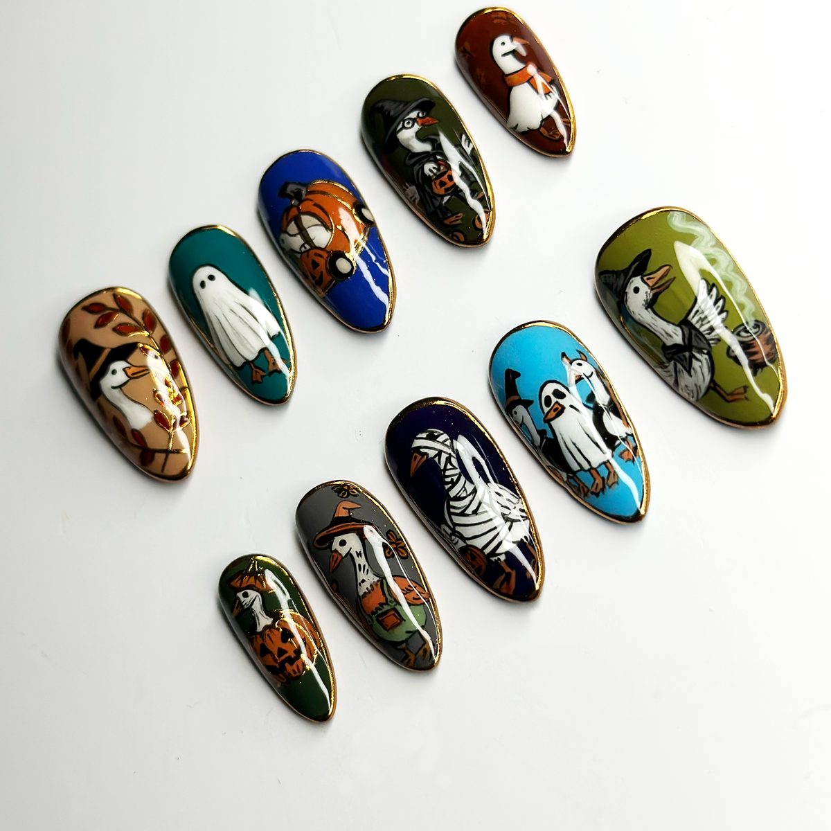 Cute Halloween Goose Press On Nails, Ghost Witch Pumpkin Nails, Funny Spooky Nails, Hand