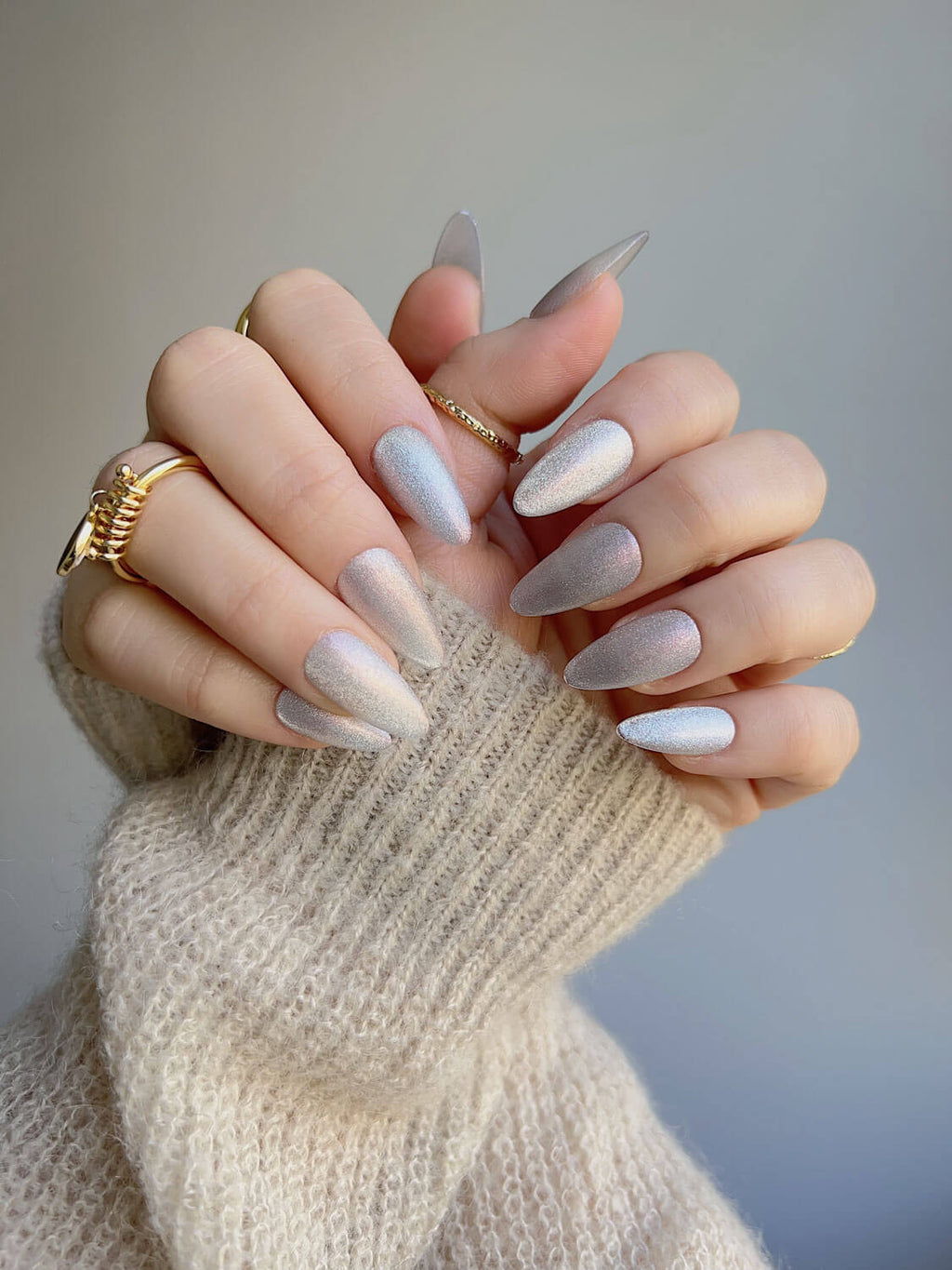Silver White Cat Eye Reusable Press On Nails