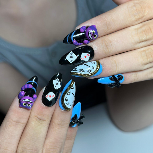 Wonderland Press On Nails with Purple Cat Art , Playing Card & Clock Nails , Whimsical