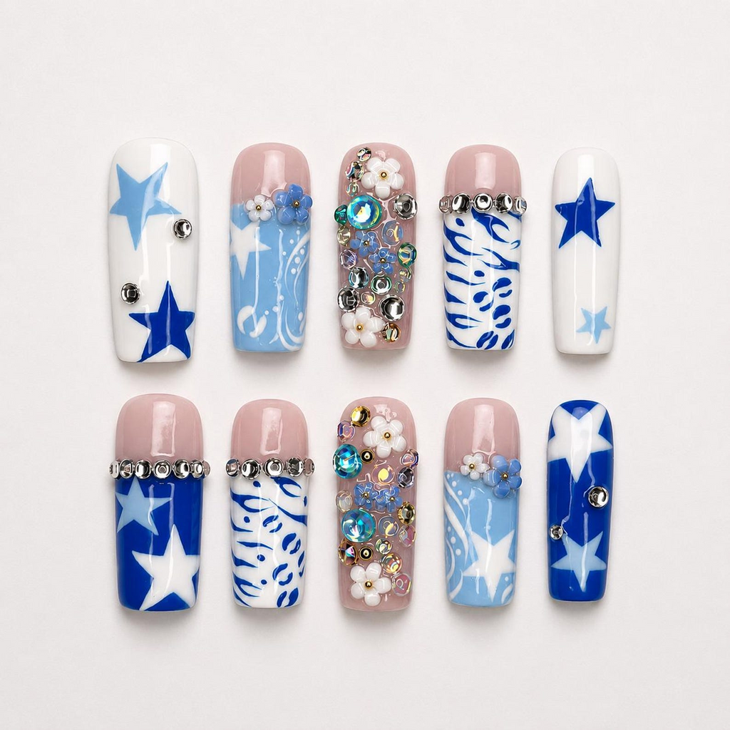 Y2k Square Press on Nails With Concert, Blue Graphic Nail Set, Rhinestone Floral Nails