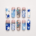 Y2k Square Press on Nails With Concert, Blue Graphic Nail Set, Rhinestone Floral Nails