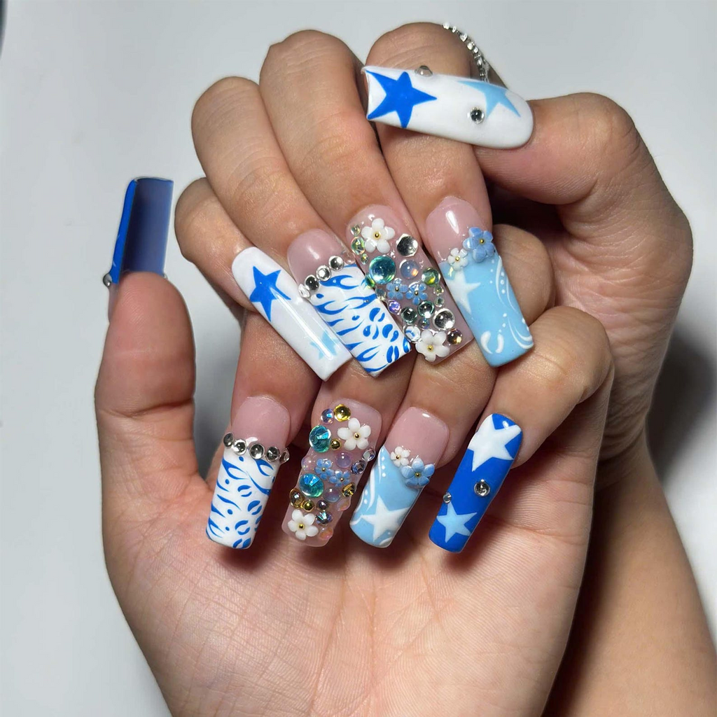 Y2k Square Press on Nails With Concert, Blue Graphic Nail Set, Rhinestone Floral Nails