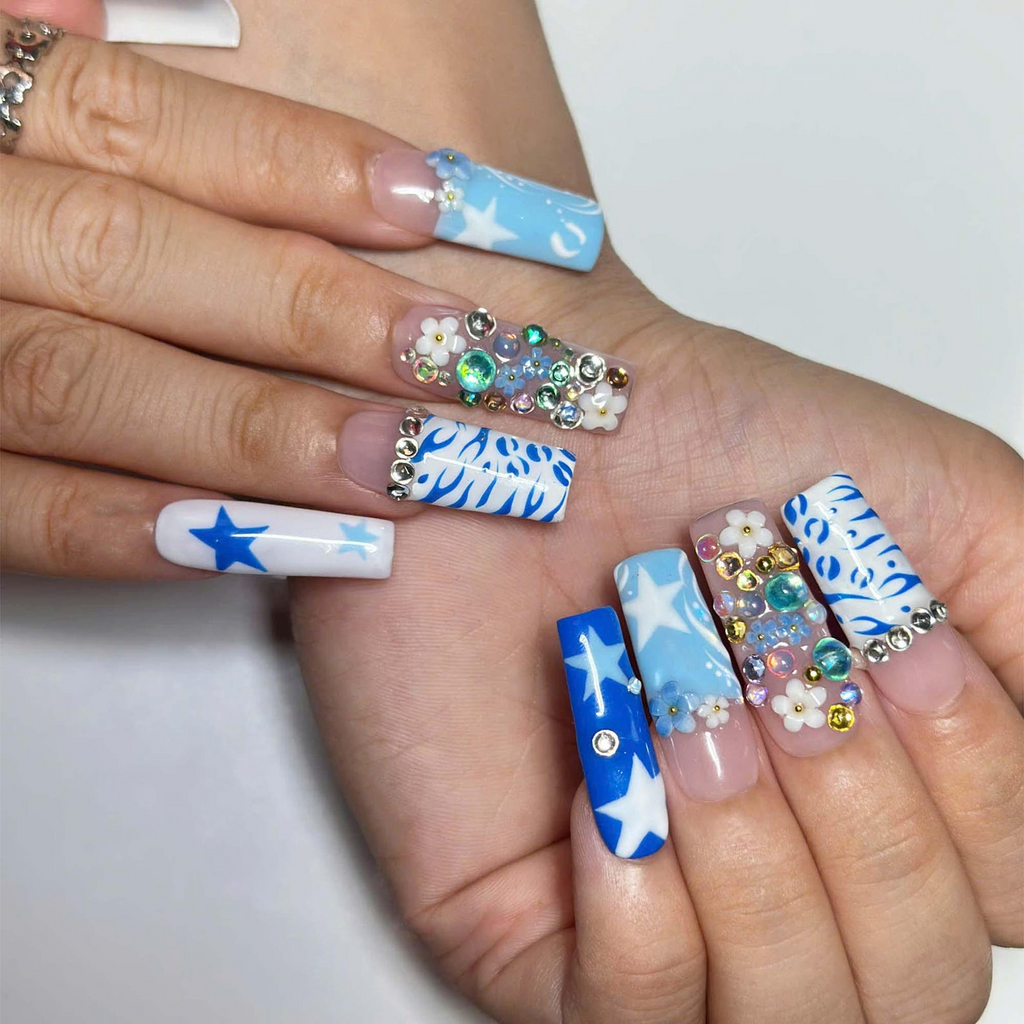 Y2k Square Press on Nails With Concert, Blue Graphic Nail Set, Rhinestone Floral Nails