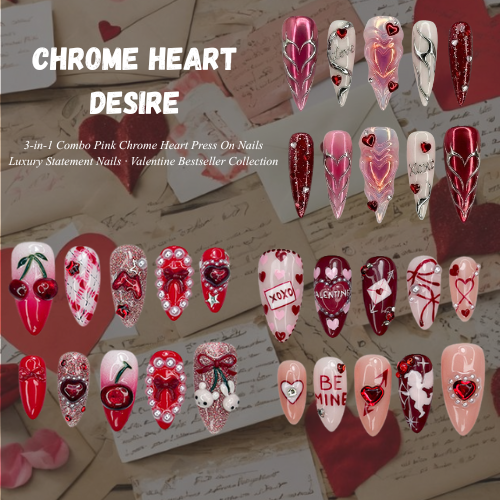 Combo Chrome Heart Desire Press On Nails 3D Pink Chrome Heart Nail Art Handmade Valentine Nail Set