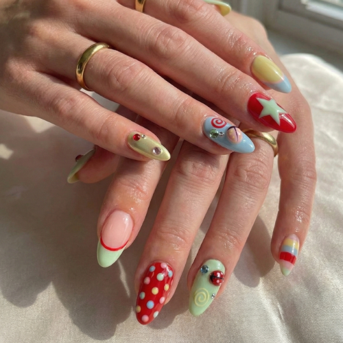 Press On Nails Adhesive Tabs with Colorful Pastel Dot & Star Art Design, Handmade Long