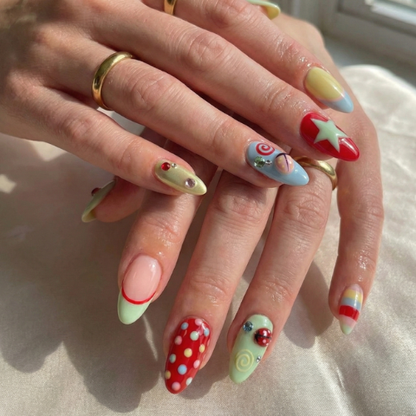 Press On Nails Adhesive Tabs with Colorful Pastel Dot & Star Art Design, Handmade Long