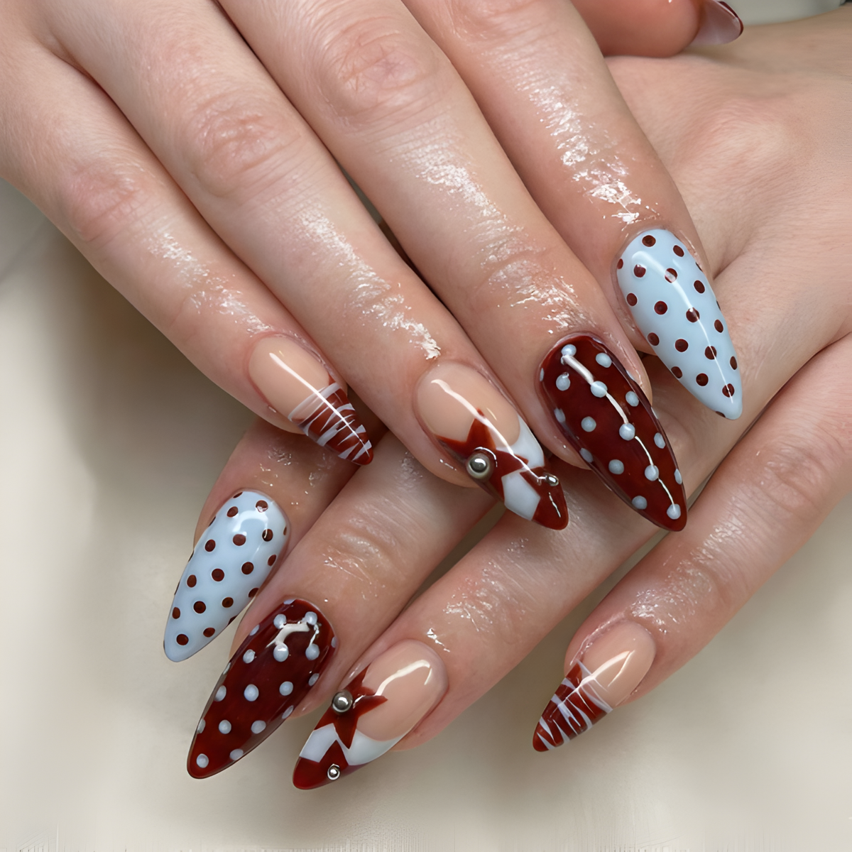 Nail Tabs for Press On Nails – Nude Brown Blue Polka Dot French Tip Cute Nails