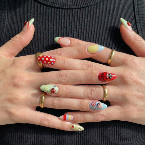 Press On Nails Adhesive Tabs with Colorful Pastel Dot & Star Art Design, Handmade Long