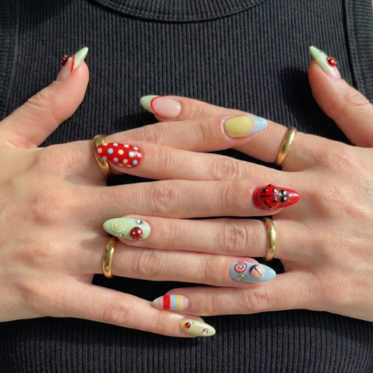 Press On Nails Adhesive Tabs with Colorful Pastel Dot & Star Art Design, Handmade Long