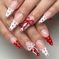 Press On Nails Adhesive Tabs with Red & White Polka Dot French Tip and 3D Bow Design