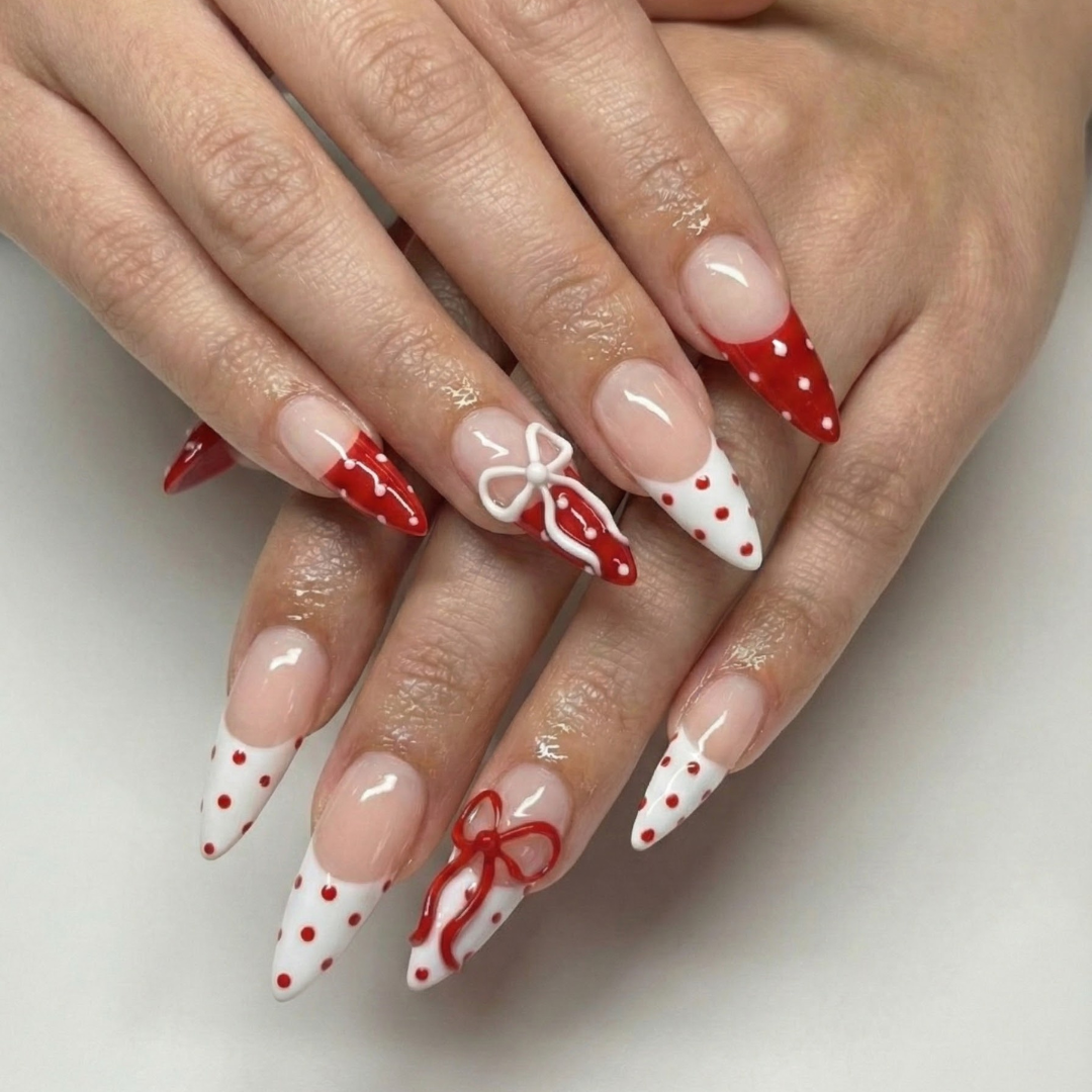 Press On Nails Adhesive Tabs with Red & White Polka Dot French Tip and 3D Bow Design