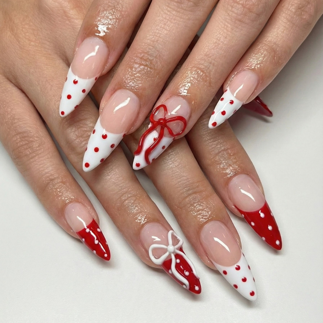 Press On Nails Adhesive Tabs with Red & White Polka Dot French Tip and 3D Bow Design
