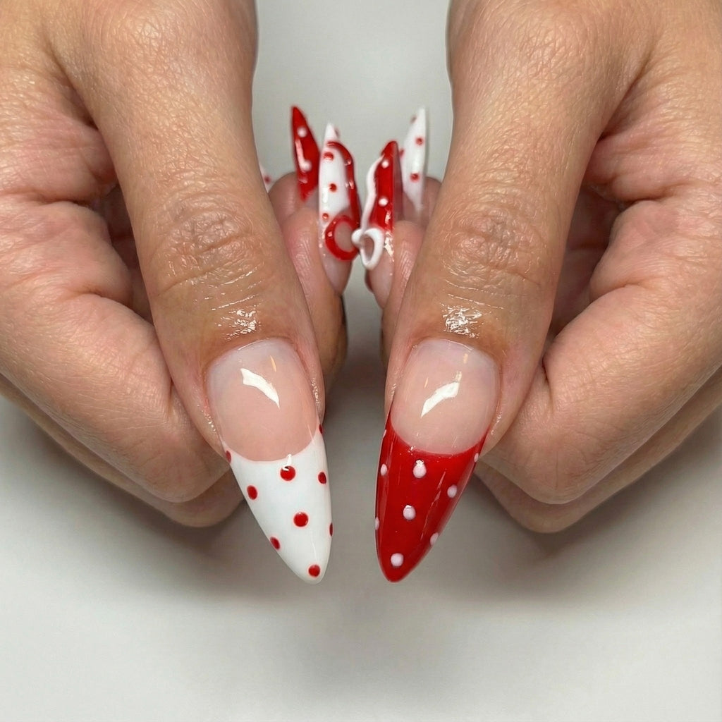Press On Nails Adhesive Tabs with Red & White Polka Dot French Tip and 3D Bow Design
