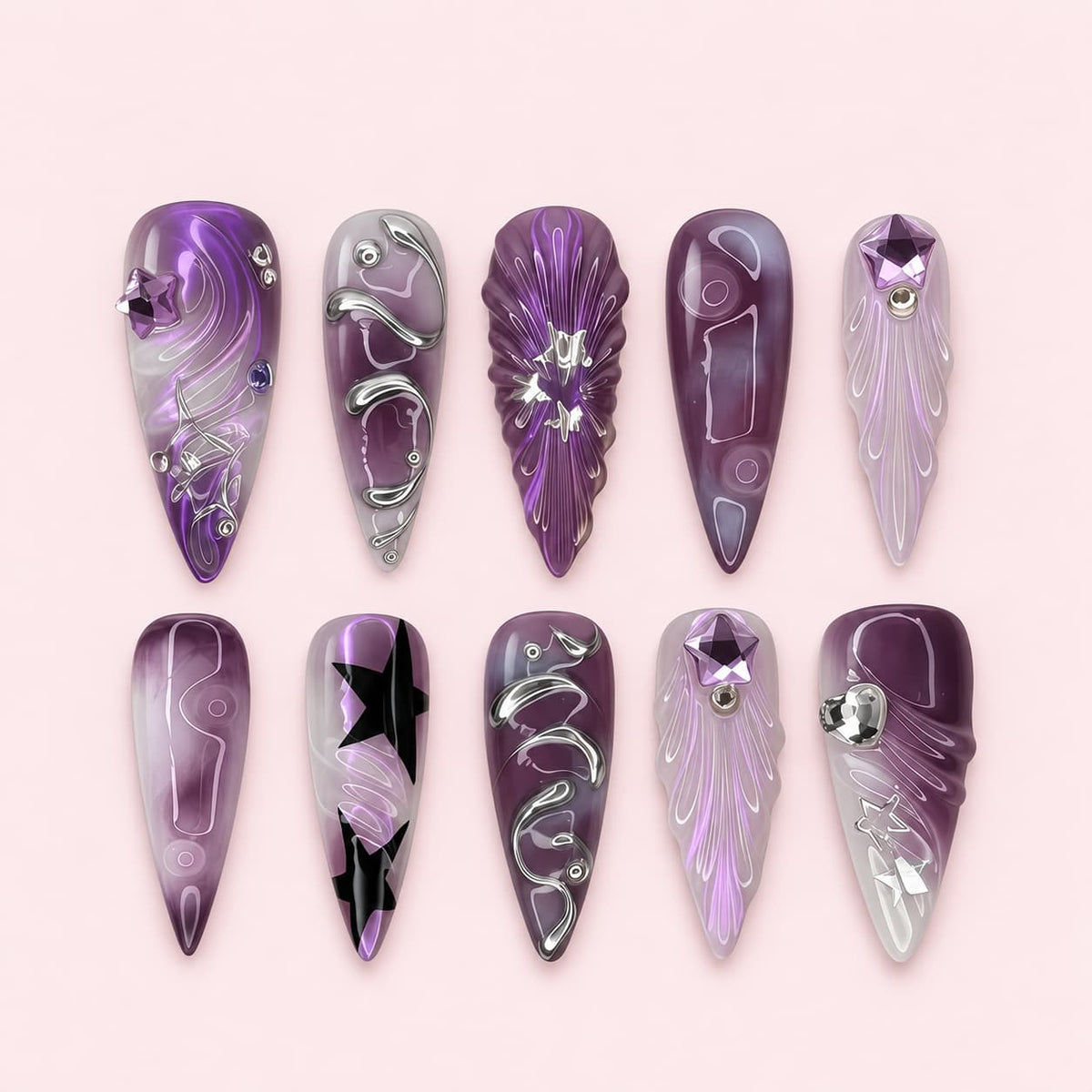 Amethyst Star Stiletto Press-On Nails - Hand-Painted