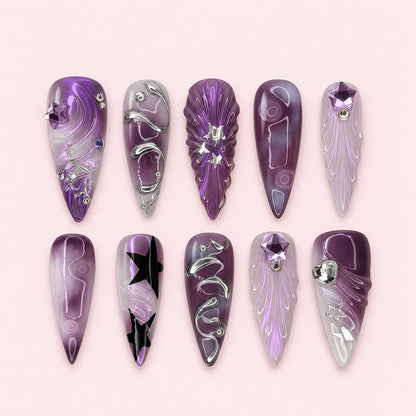 Amethyst Star Stiletto Press-On Nails - Hand-Painted