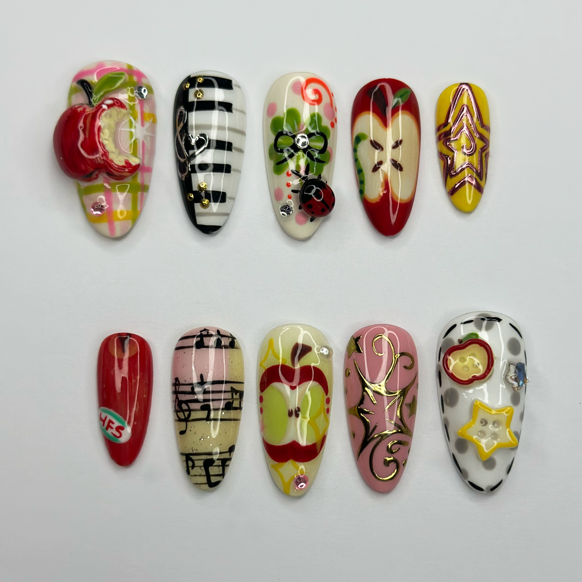 Kawaii Apple Press On Nails, Music Note Nails, Ladybug Clover Nails, Cute Storybook Nail