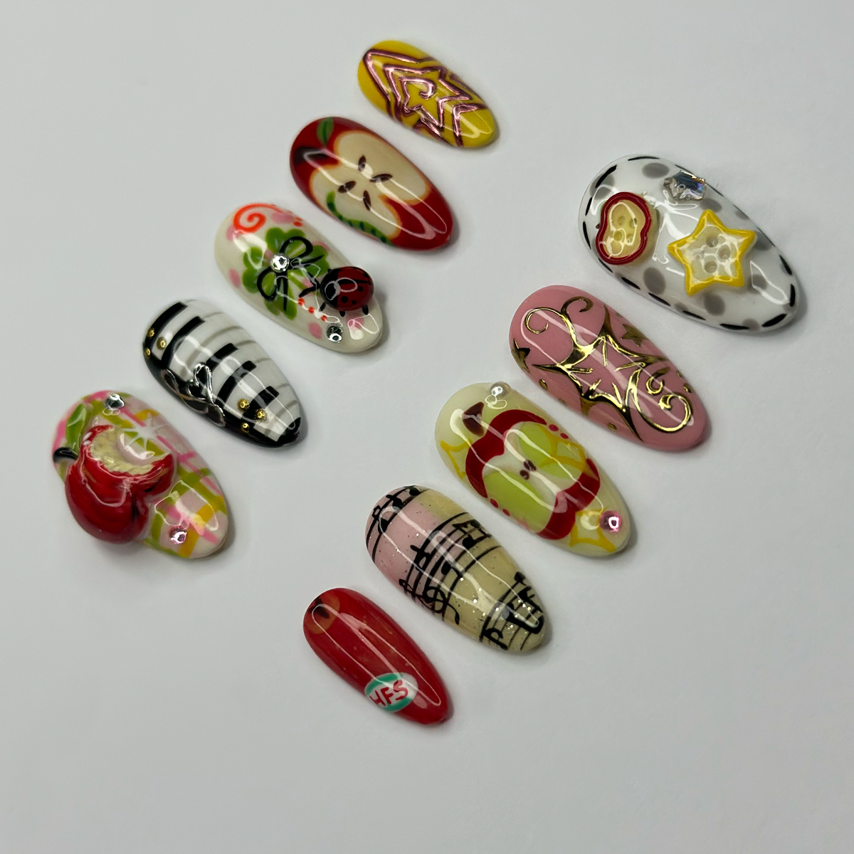 Kawaii Apple Press On Nails, Music Note Nails, Ladybug Clover Nails, Cute Storybook Nail