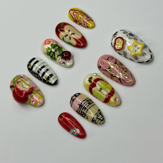 Kawaii Apple Press On Nails, Music Note Nails, Ladybug Clover Nails, Cute Storybook Nail