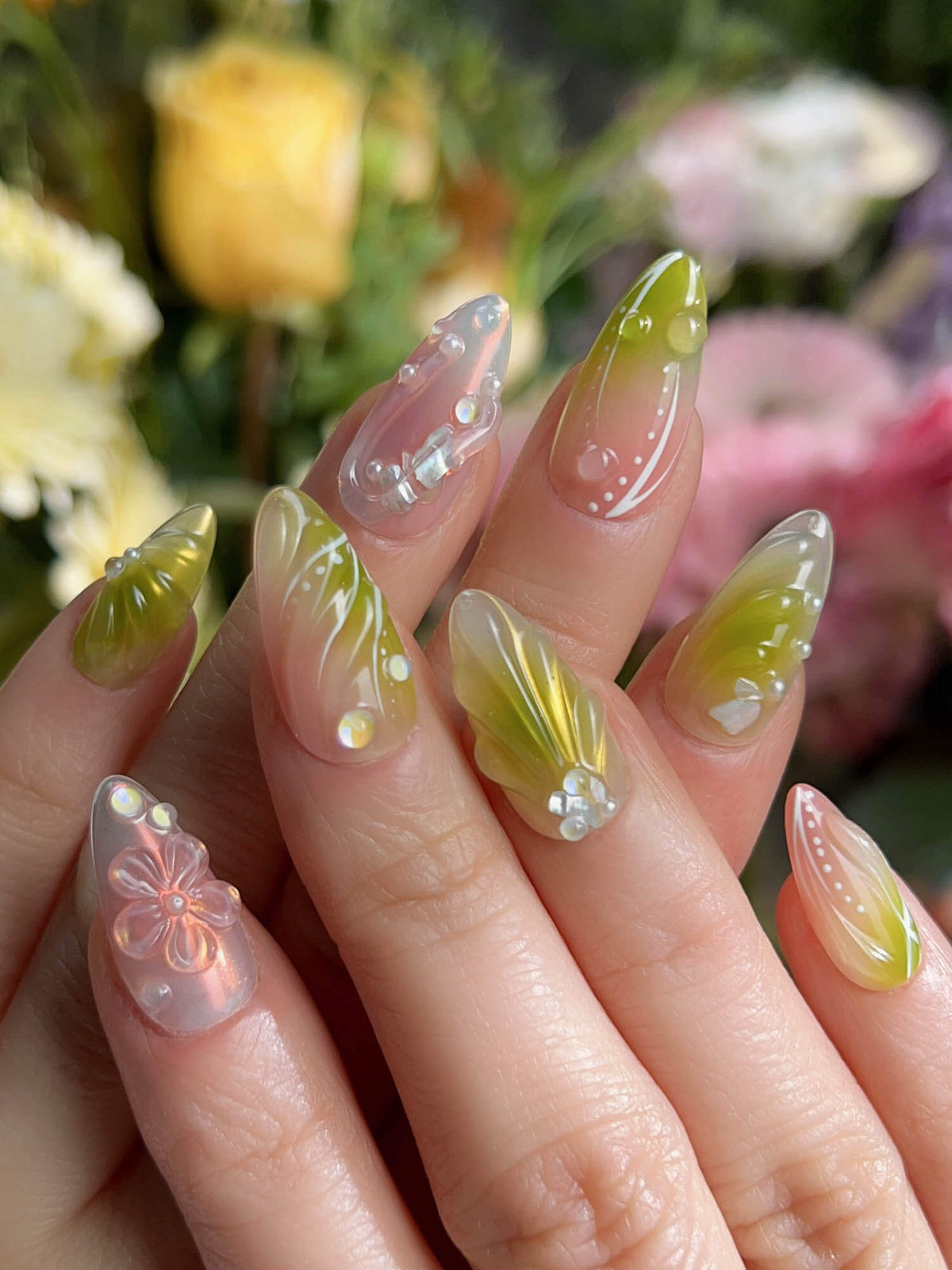 Aqua Spring Ripple Bloom Reusable Press On Nails