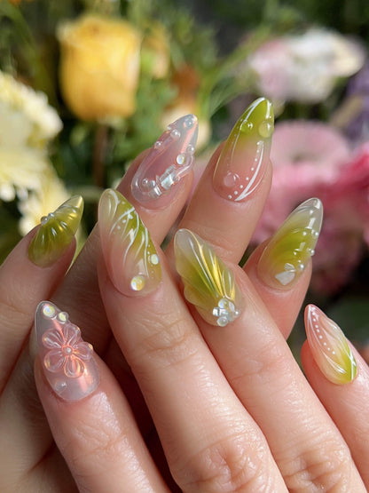 Aqua Spring Ripple Bloom Reusable Press On Nails