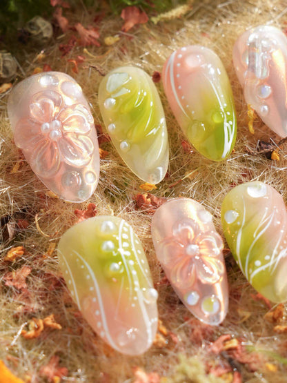 Aqua Spring Ripple Bloom Reusable Press On Nails