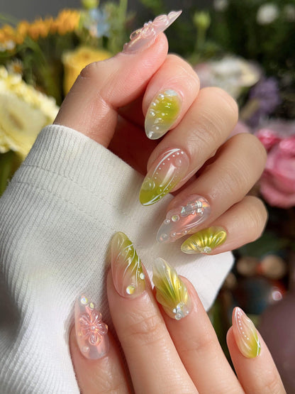 Aqua Spring Ripple Bloom Reusable Press On Nails