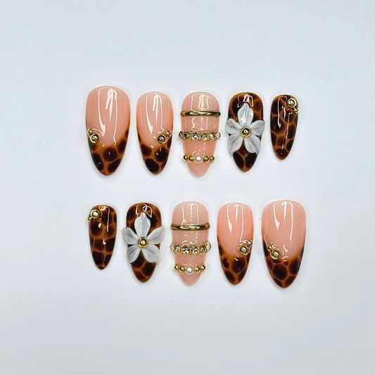 Leopard Print Press On Nails, Mocha Nude Luxury Nails, 3D Flower Gold Nails, Quiet
