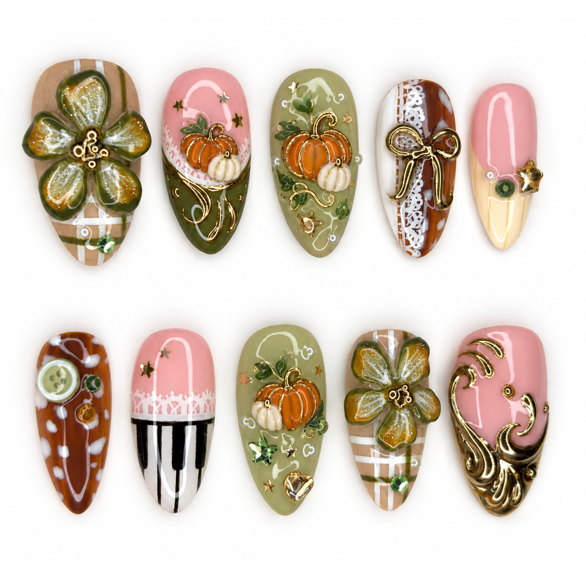 Autumn Pumpkin Press On Nails with 3D Flowers, Olive Green Pink Fall Fake Nails