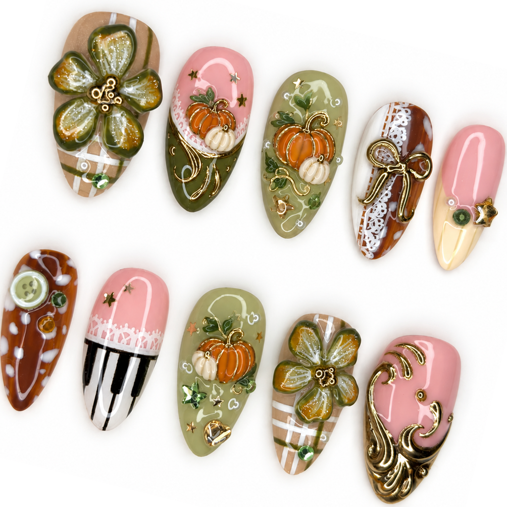 Autumn Pumpkin Press On Nails with 3D Flowers, Olive Green Pink Fall Fake Nails