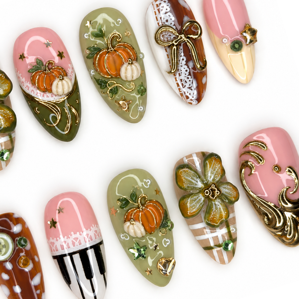 Autumn Pumpkin Press On Nails with 3D Flowers, Olive Green Pink Fall Fake Nails