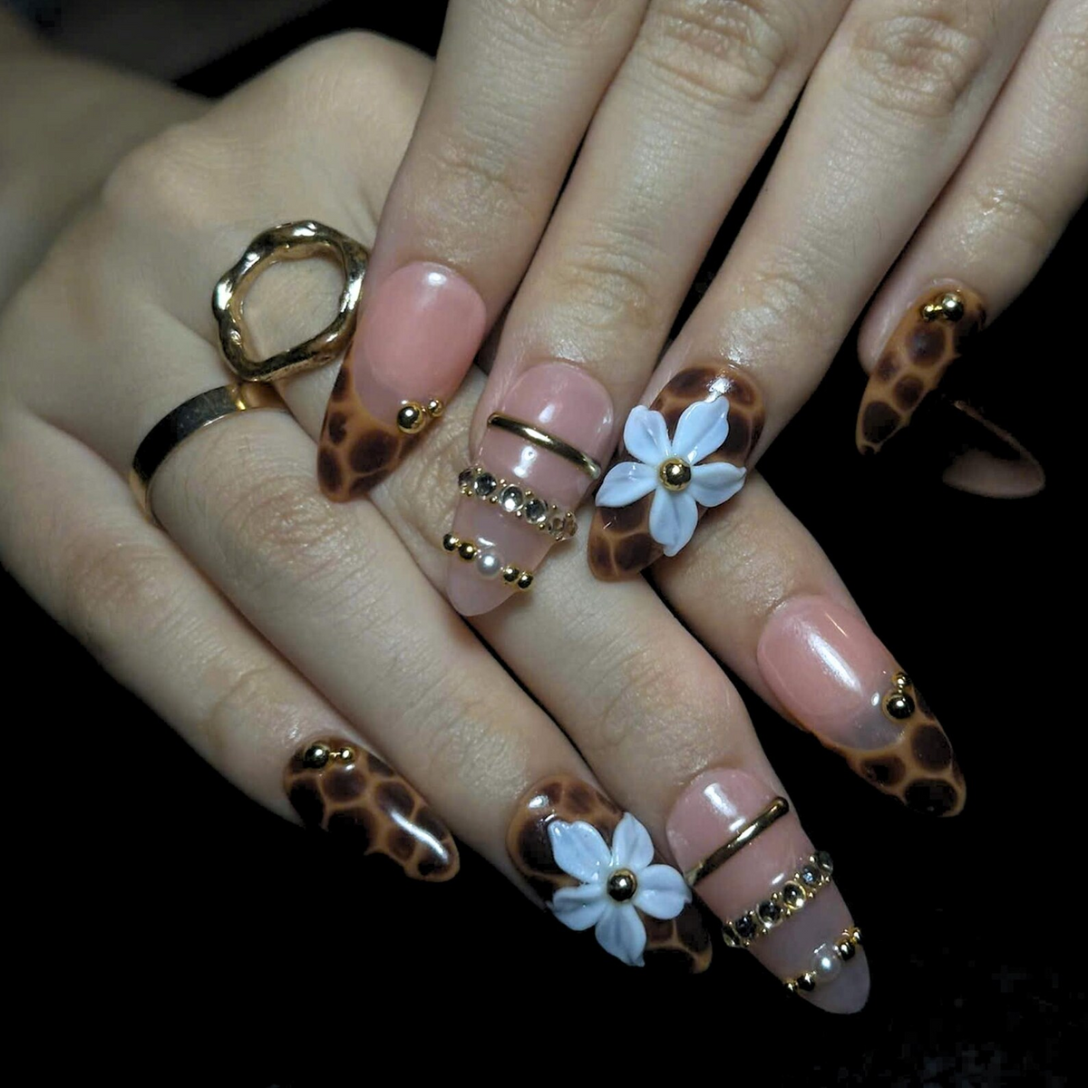Leopard Print Press On Nails, Mocha Nude Luxury Nails, 3D Flower Gold Nails, Quiet