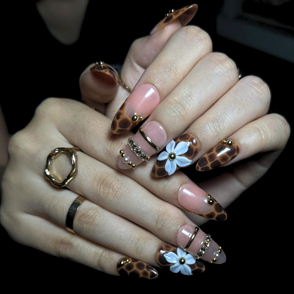 Leopard Print Press On Nails, Mocha Nude Luxury Nails, 3D Flower Gold Nails, Quiet