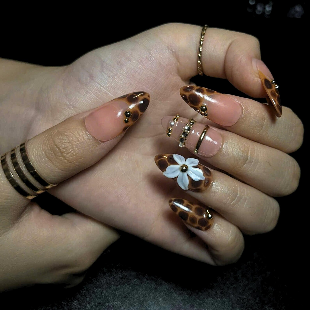 Leopard Print Press On Nails, Mocha Nude Luxury Nails, 3D Flower Gold Nails, Quiet
