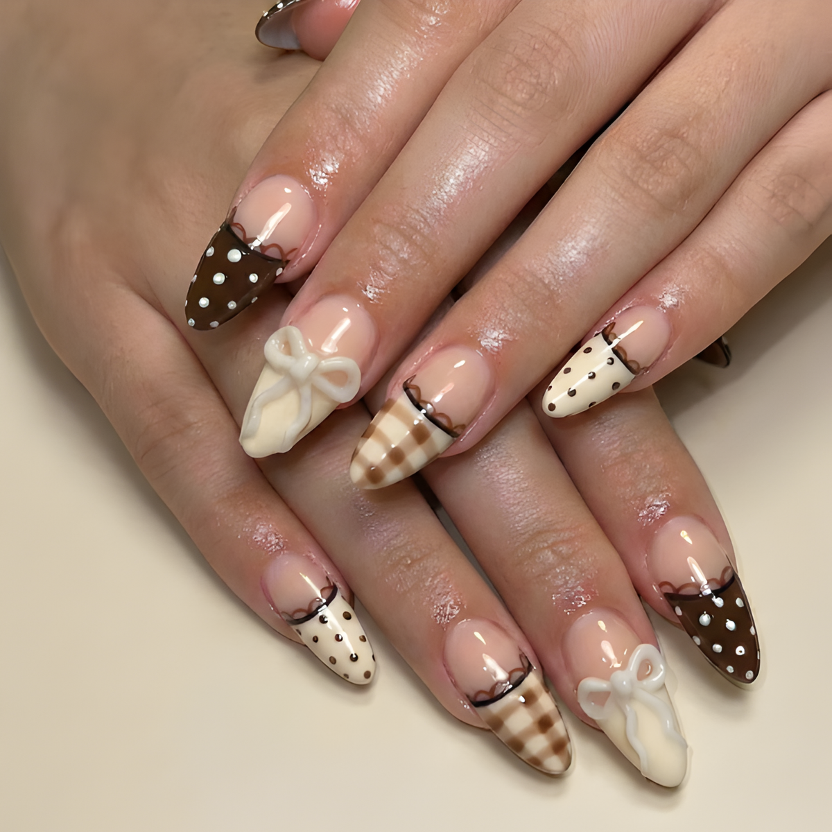 Nail Tabs for Press On Nails – Nude Brown Polka Dot Gingham & 3D Bow Long Almond Handmade Cute Coquette Fake Nails