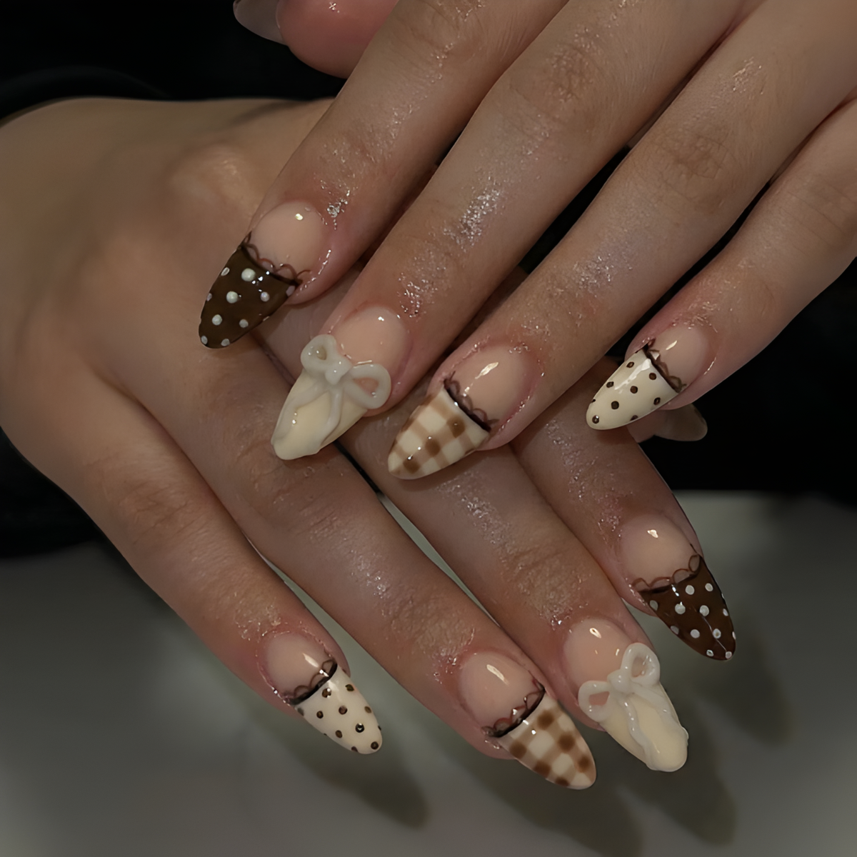 Nail Tabs for Press On Nails – Nude Brown Polka Dot Gingham & 3D Bow Long Almond Handmade Cute Coquette Fake Nails